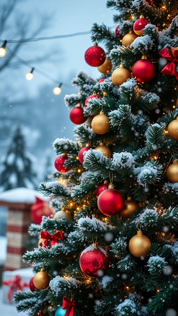 A vibrant Christmas wallpaper with a decorated tree and snowflakes, perfect for the holiday season.